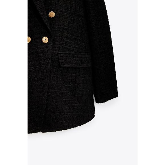 ZARA Double Breasted Textured Blazer Woven Tweed Black Gold Button Women's XS - Picture 15 of 15